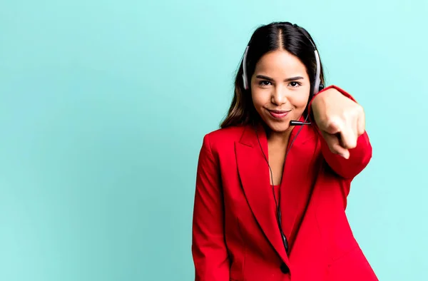 Hispanic Pretty Woman Pointing Camera Choosing You Telemarketing Concept — Fotografia de Stock