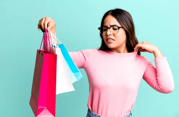 Hispanic Pretty Woman Feeling Stressed Anxious Tired Frustrated Shopping Concept — Stock Photo, Image