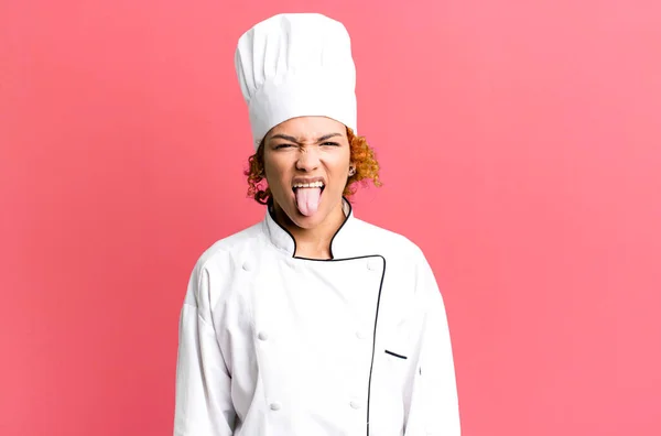 Red Hair Pretty Woman Feeling Disgusted Irritated Tongue Out Chef — Stock Photo, Image