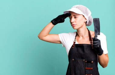 pretty blonde woman butcher concept with a copy space