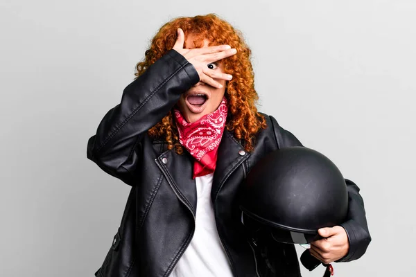 Red Hair Pretty Woman Looking Shocked Scared Terrified Covering Face — Stock Photo, Image