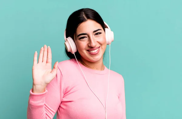 Smiling Happily Waving Hand Welcoming Greeting You Listening Music Headphones — Stock Photo, Image