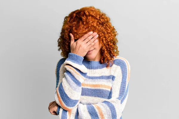 Redhair Pretty Woman Looking Stressed Ashamed Upset Headache Covering Face — Stock Photo, Image