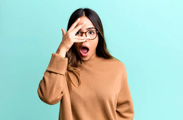 Hispanic Pretty Woman Looking Shocked Scared Terrified Covering Face Hand — Stock Photo, Image