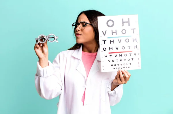 Hispanic Pretty Young Adult Woman Optical Vision Test Concept — Fotografia de Stock