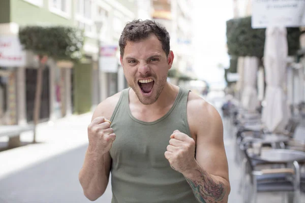 Handsome Man Shouting Aggressively Annoyed Frustrated Angry Look Tight Fists — Stock Photo, Image