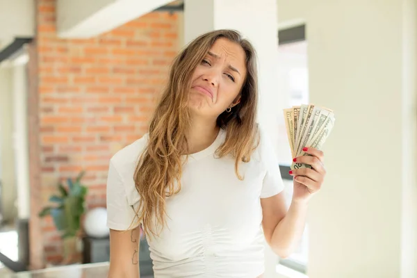 Pretty Woman Feeling Sad Whiney Unhappy Look Crying Dollar Banknotes — Φωτογραφία Αρχείου