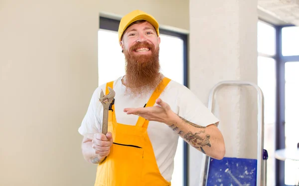 Red Hair Man Smiling Cheerfully Feeling Happy Showing Concept Repairing — Stock Photo, Image