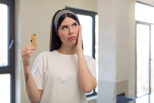 Pretty Young Woman Feeling Bored Frustrated Sleepy Tiresome Fitness Cereal — Stock Photo, Image