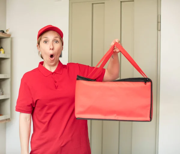 Feeling Extremely Shocked Surprised Pizza Delivery Concept — Stock Photo, Image
