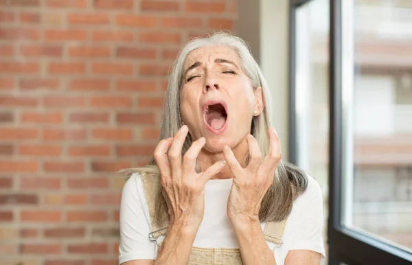 Starší Hezká Žena Vypadá Zoufale Frustrovaně Vystresovaná Nešťastná Otrávená Křičí — Stock fotografie