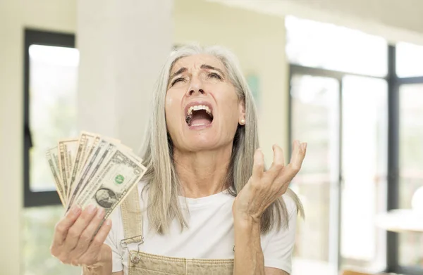 Mooie Oudere Vrouw Schreeuwend Met Handen Lucht Met Dollarbankbiljetten — Stockfoto