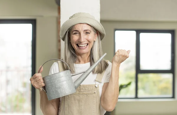 Pretty Senior Woman Feeling Shocked Laughing Celebrating Success Gardener Concept — Stock Photo, Image
