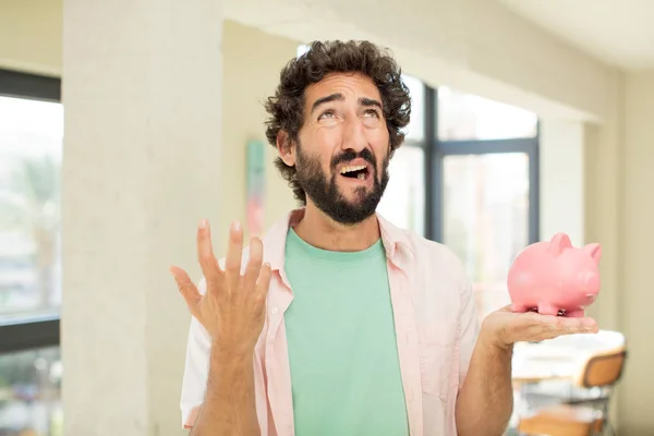 Crazy Bearded Man Screaming Hands Air Piggy Bank Concept — Stock Photo, Image