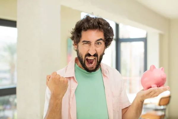 Crazy Bearded Man Looking Angry Annoyed Frustrated Piggy Bank Concept — Stock Photo, Image