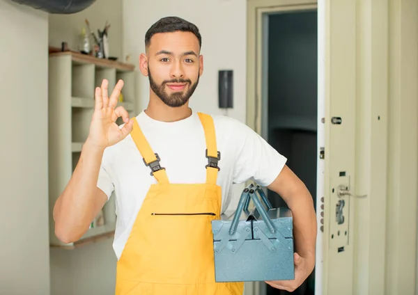 Young Adult Man Feeling Happy Showing Approval Okay Gesture Handyman — Stock Photo, Image