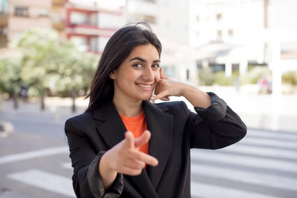 Pretty Woman Smiling Cheerfully Pointing Camera While Making Call You — Stock Photo, Image