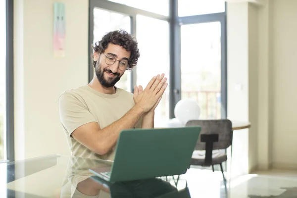 Young Adult Bearded Man Laptop Feeling Happy Successful Smiling Clapping — Stock Photo, Image