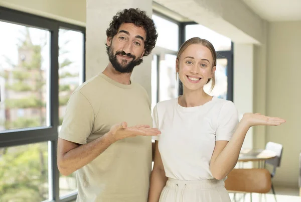 Young Adult Couple Smiling Feeling Confident Successful Happy Showing Concept — Stock Photo, Image