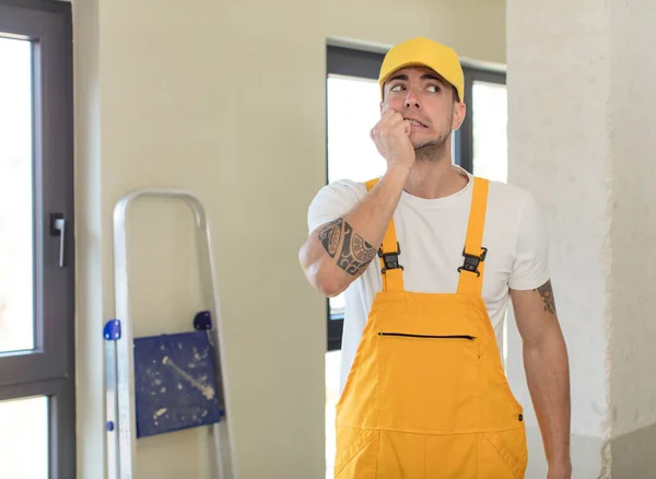 Young Handsome Man Feeling Scared Worried Angry Looking Side Handyman — Stock Photo, Image