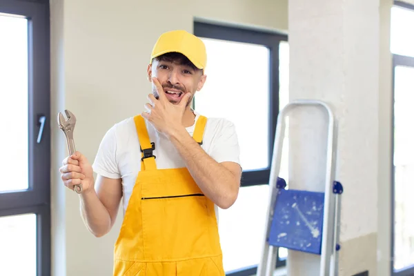 Young Handsome Man Mouth Eyes Wide Open Hand Chin Handyman — Stock Photo, Image