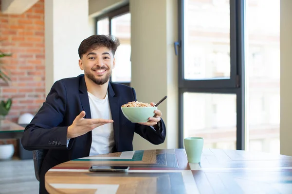 Young Handsome Man Smiling Cheerfully Feeling Happy Showing Concept Breakfast — Stock Photo, Image