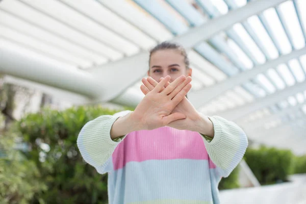 Pretty Woman Covering Face Hand Putting Other Hand Front Stop — Stock Photo, Image