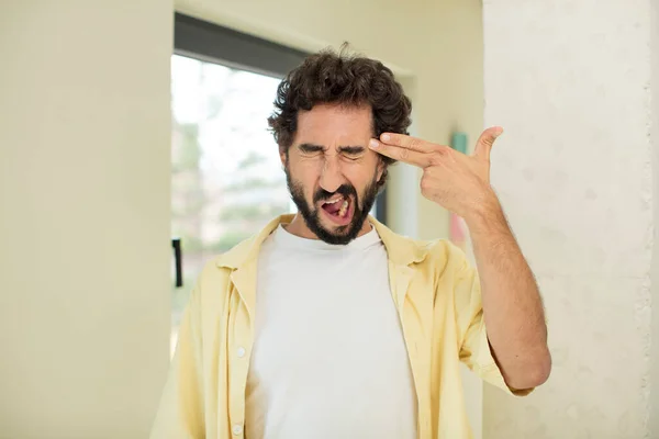 Young Crazy Bearded Man Looking Unhappy Stressed Suicide Gesture Making — Stock Photo, Image