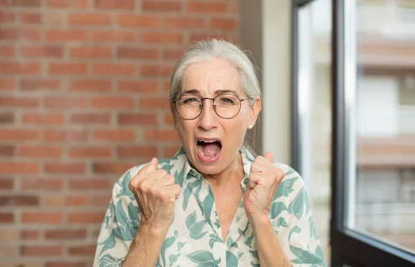 Senior Pretty Woman Shouting Aggressively Annoyed Frustrated Angry Look Tight — Stock Photo, Image