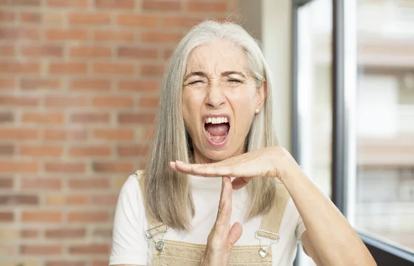 Senior Pretty Woman Looking Serious Stern Angry Displeased Making Time — Stock Photo, Image