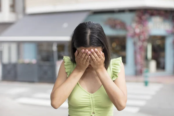 Pretty Hispanic Woman Feeling Sad Frustrated Nervous Depressed Covering Face — Stock Photo, Image