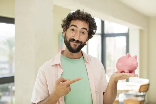 Crazy Bearded Man Smiling Cheerfully Feeling Happy Pointing Side Piggy — Stock Photo, Image