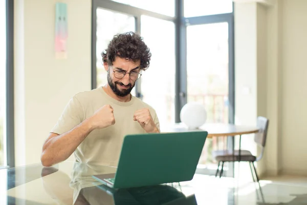 Young Adult Bearded Man Laptop Looking Confident Angry Strong Aggressive — Stock Photo, Image