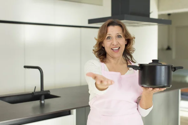 Middle Age Pretty Woman Smiling Happily Offering Showing Concept Cooking — Stock Photo, Image