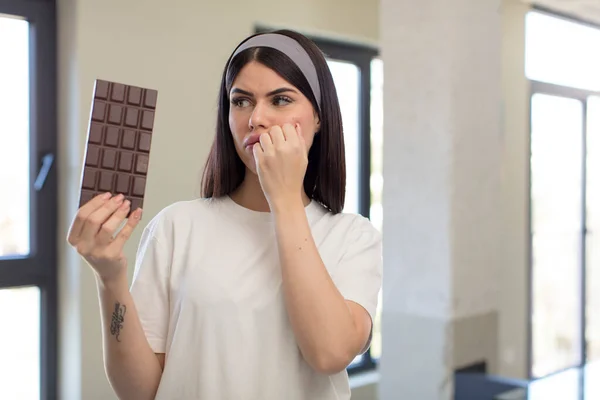 Pretty Young Woman Feeling Scared Worried Angry Looking Side Chocolate — Stock Photo, Image