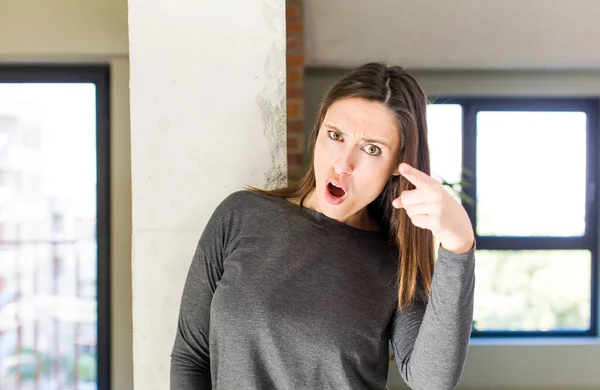 Young Adult Pretty Woman Pointing Camera Angry Aggressive Expression Looking — Stockfoto