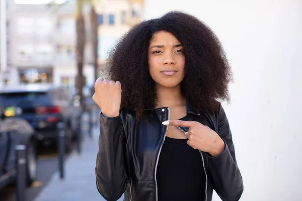 African American Pretty Woman Looking Impatient Angry Pointing Watch Asking — Stock Photo, Image