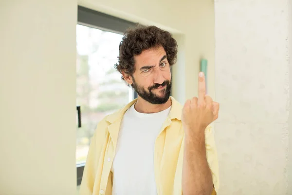 Young Crazy Bearded Man Feeling Angry Annoyed Rebellious Aggressive Flipping — Stock Photo, Image