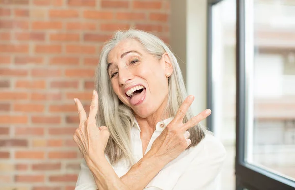 Senior Pretty Woman Smiling Looking Happy Friendly Satisfied Gesturing Victory — Stock Photo, Image