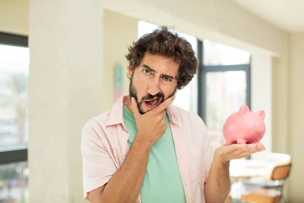 Crazy Bearded Man Mouth Eyes Wide Open Hand Chin Piggy — Stock Photo, Image