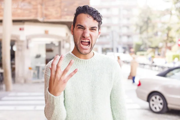 Young Hispanic Man Looking Angry Annoyed Frustrated Screaming Wtf Whats — Stock Photo, Image