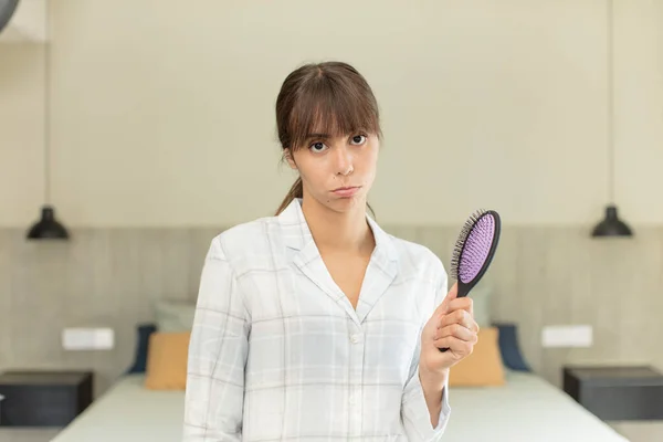 Young Pretty Woman Feeling Sad Whiney Unhappy Look Crying Hair — Stock Photo, Image