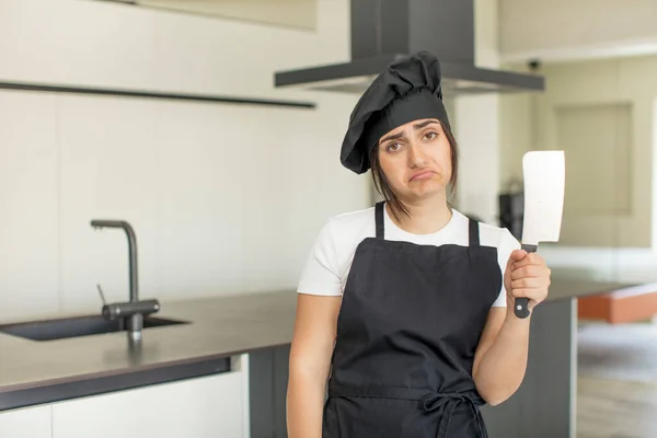 Young Woman Feeling Sad Whiney Unhappy Look Crying Chef Concept — Stock Photo, Image