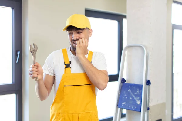 Young Handsome Man Feeling Scared Worried Angry Looking Side Handyman — Stock Photo, Image