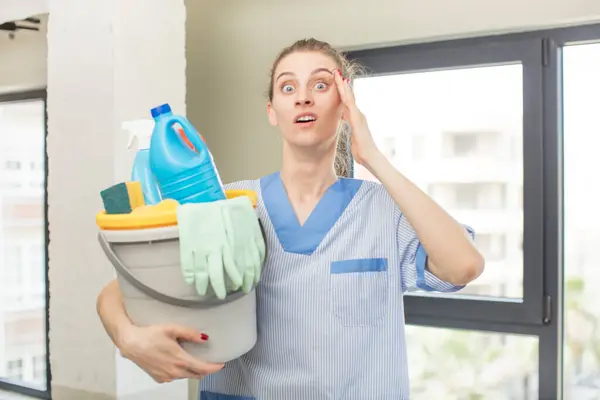 Gelukkig Verbaasd Verrast Uitziend Het Begrip Huishoudster — Stockfoto