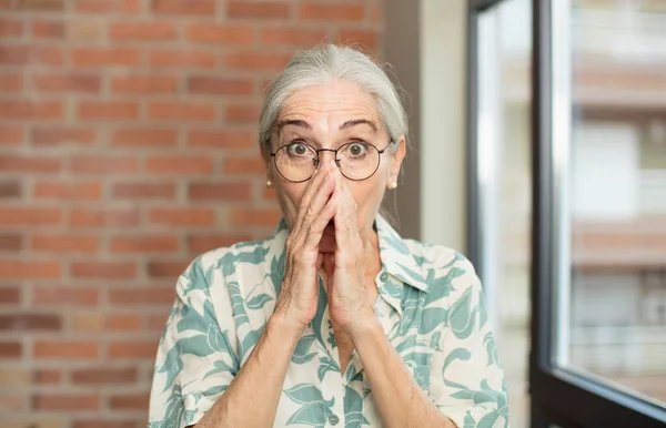 Senior Pretty Woman Looking Happy Cheerful Lucky Surprised Covering Mouth — Stock Photo, Image