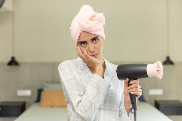 Young Pretty Woman Feeling Bored Frustrated Sleepy Tiresome Hair Dryer — Stock Photo, Image