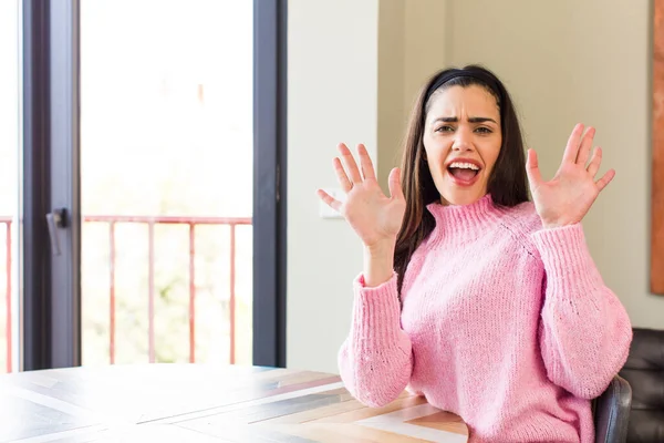 Pretty Caucasian Woman Feeling Stupefied Scared Fearing Something Frightening Hands — 스톡 사진