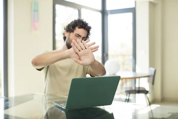 Young Adult Bearded Man Laptop Covering Face Hand Putting Other — Stock Photo, Image