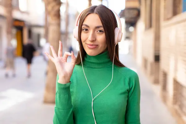 Feeling Happy Showing Approval Okay Gesture Listening Music Headphones — Stockfoto